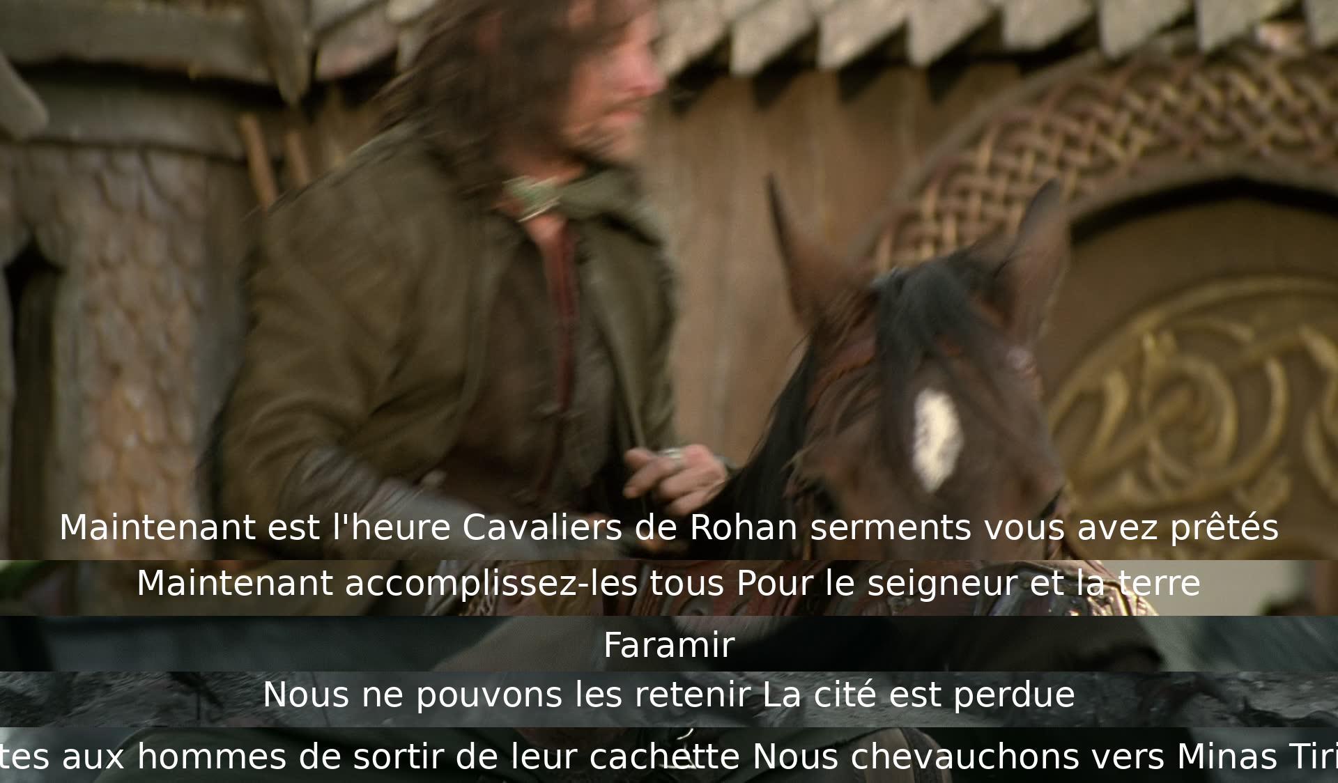 Les Cavaliers de Rohan montent vers Minas Tirith pour honorer leurs serments, malgré la perte de la cité. Faramir reconnaît la gravité de la situation et ordonne aux hommes de quitter leur cachette pour se préparer à affronter l'ennemi.