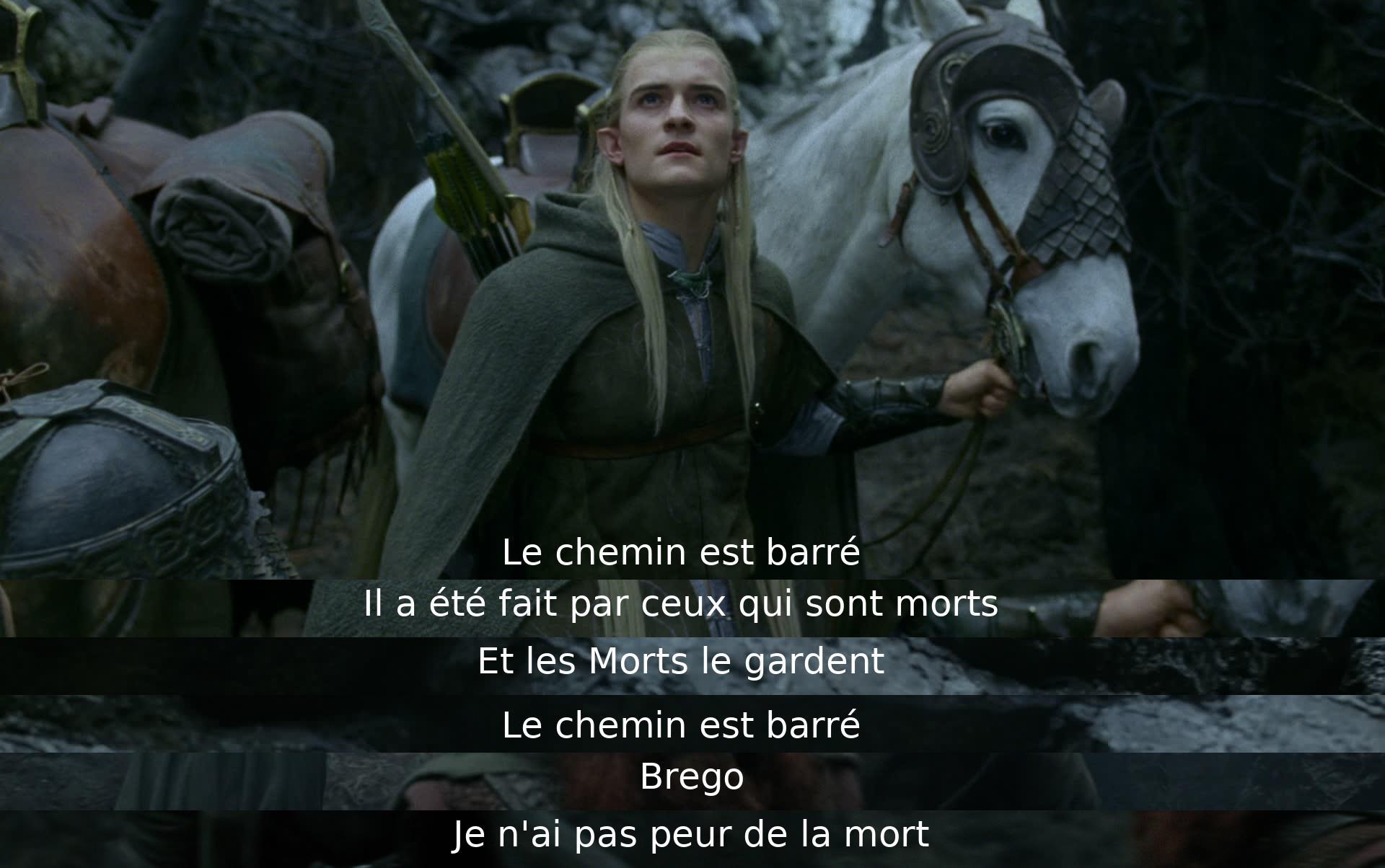 Un chemin bloqué est gardé par les morts, mais Brego n'a pas peur de la mort et est prêt à défier l'obstacle.