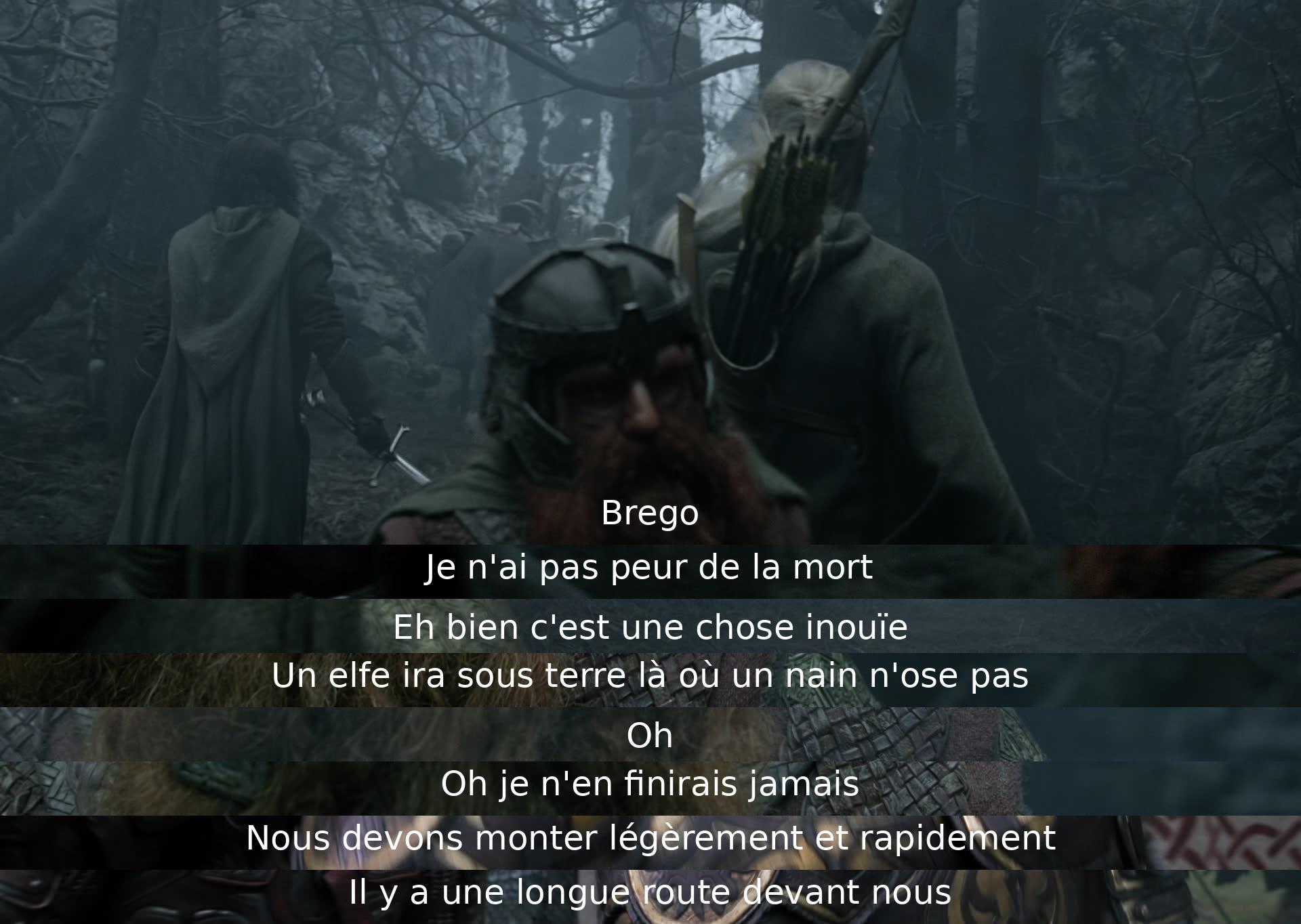 Brego exprime sa bravoure face à la mort, le compagnon souligne la différence entre les elfes et les nains. Ils décident de continuer leur voyage rapidement malgré les défis à venir.