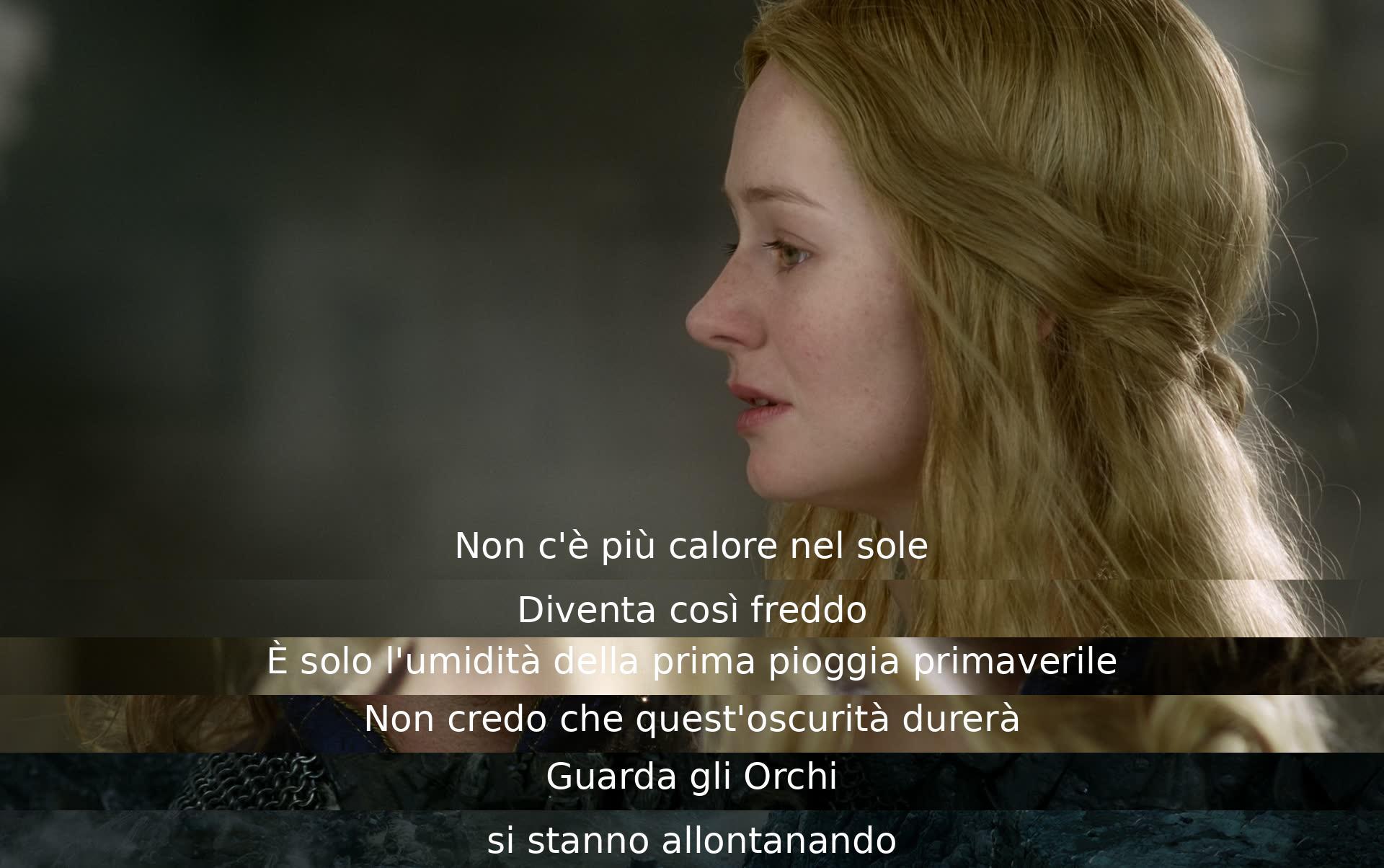 Il personaggio esprime preoccupazione per l'oscurità e la freddo, ma vede un segno di speranza nell'allontanarsi degli Orchi dopo la pioggia primaverile, suggerendo che la situazione potrebbe migliorare.