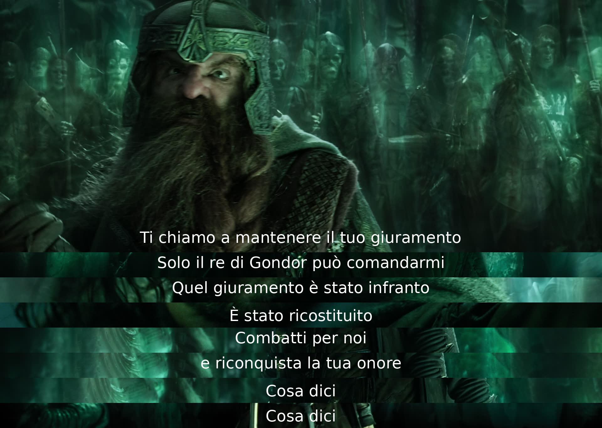 Un personaggio chiama un altro a mantenere un giuramento spezzato e a combattere per loro per riconquistare l'onore. Viene chiesto se accetta.