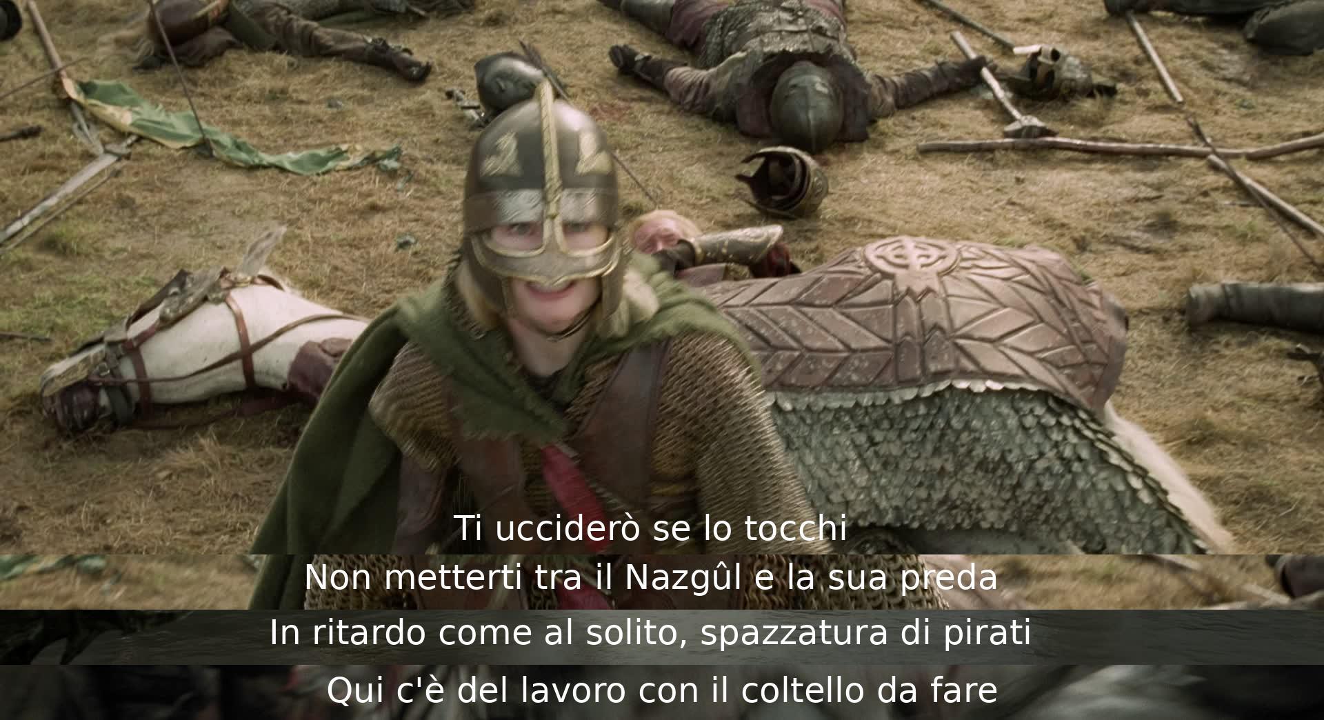 Un personaggio minaccia di uccidere se qualcun altro tocca qualcosa. Viene avvertita di non interferire tra il Nazgûl e la sua vittima. Un altro personaggio arriva in ritardo e si menziona del lavoro da svolgere con un coltello.