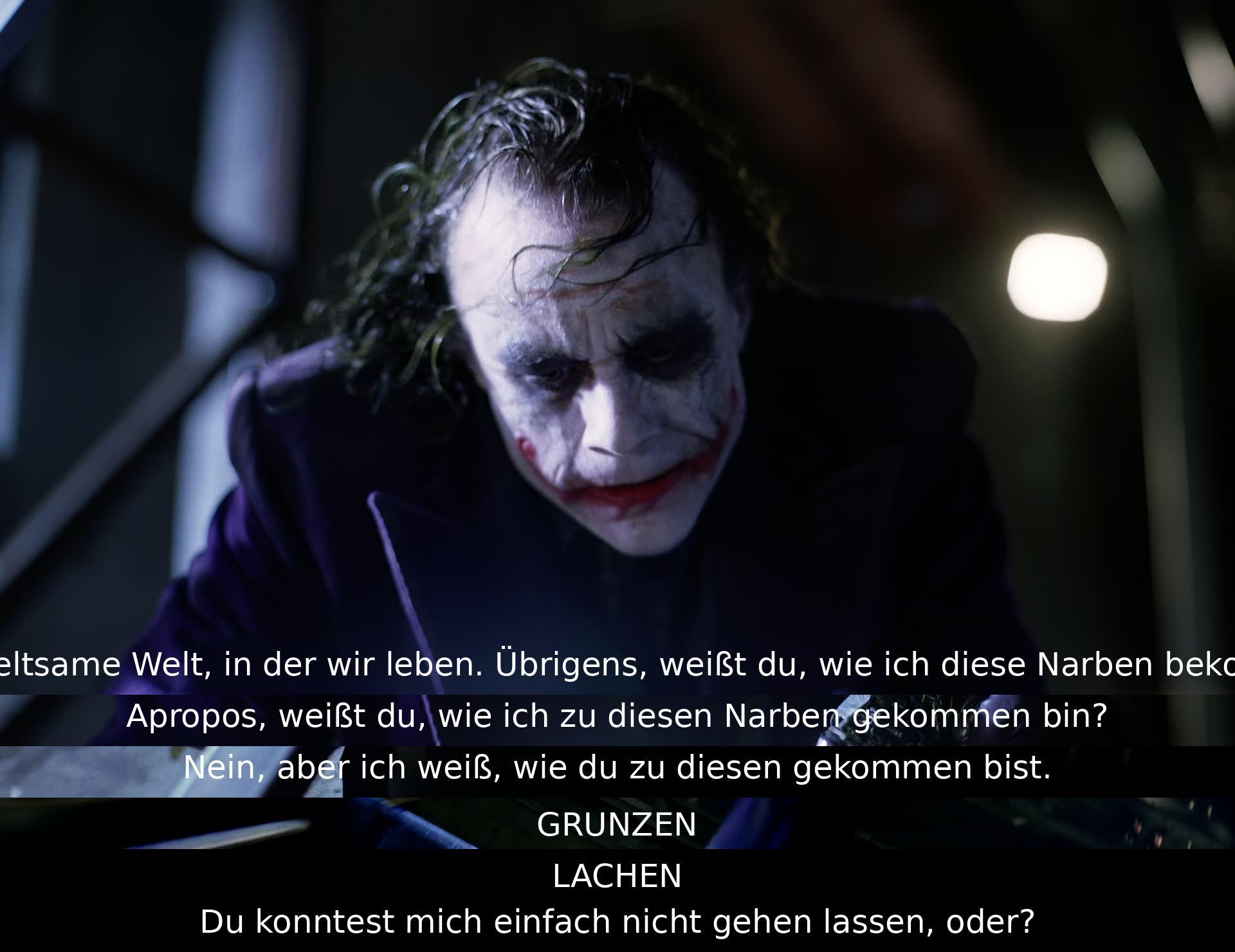 Es wird angemerkt, dass die Welt seltsam ist. Jemand fragt nach den Narben, aber die Antwort bleibt unklar. Die Atmosphäre wird durch Grunzen und Lachen aufgelockert. Die Stimmung scheint angespannt und ungewiss zu sein.