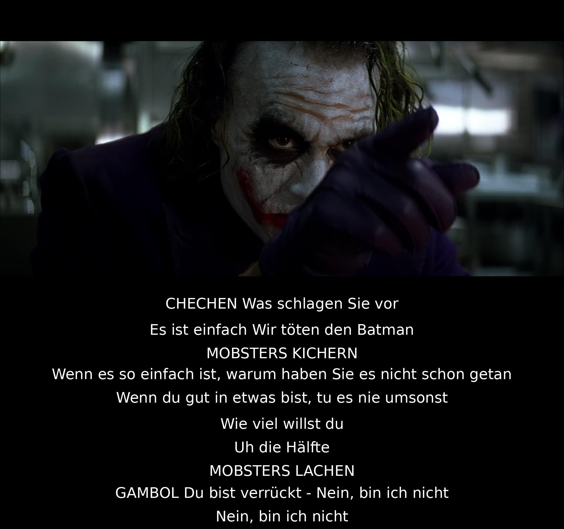 Ein Vorschlag wird gemacht, Batman zu töten, aber Mobster zweifeln daran. Der Joker stellt sich vor und verlangt die Hälfte des Geldes. Mobster lachen, aber Gambol findet den Joker verrückt. Der Joker widerspricht dieser Meinung.