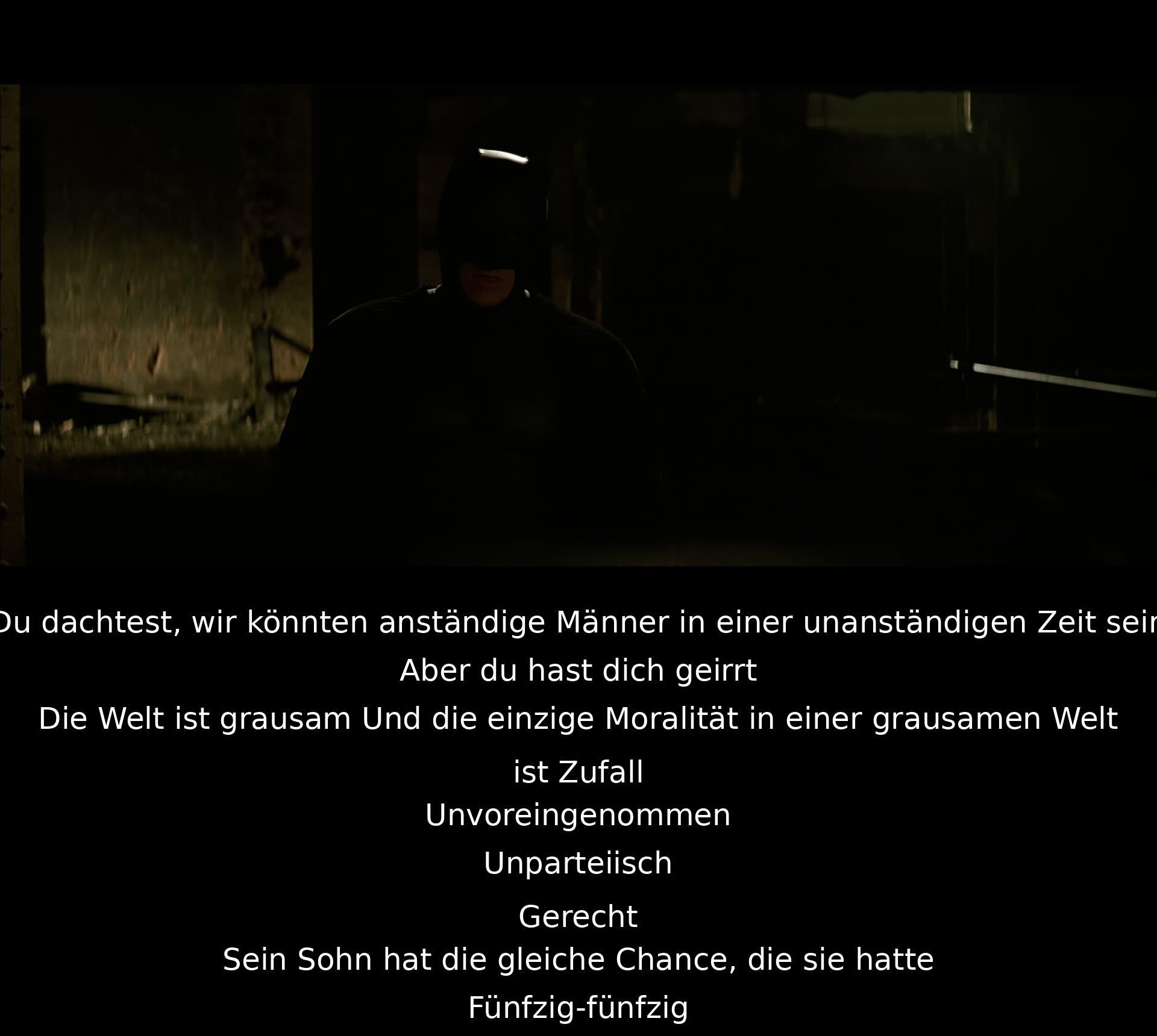 Ein Mann glaubte, dass sie trotz der Grausamkeit der Welt anständig sein könnten, aber er wurde enttäuscht. In einer brutalen Welt ist Zufall die einzige Moralität. Sein Sohn hat eine gleiche Chance wie jemand anderes. Alles ist unvoreingenommen und gerecht, fünfzig-fünfzig.