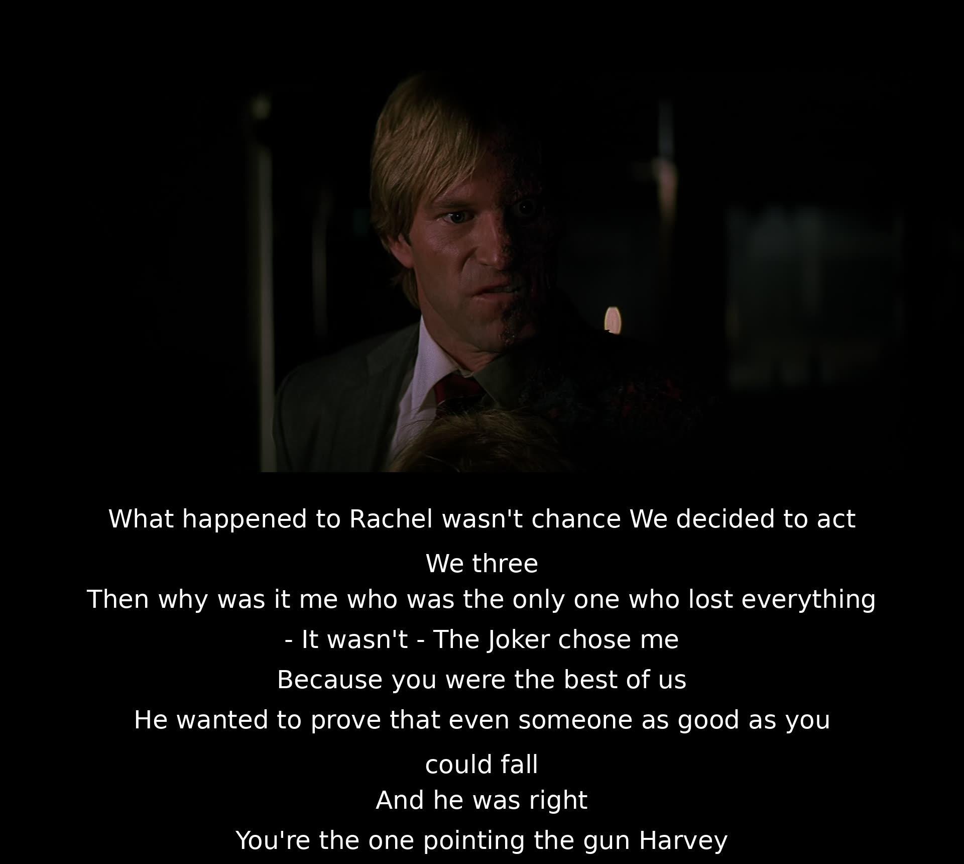 A discussion reveals the deep impact of a tragic event. The loss wasn't random; a villain manipulated the situation to cause pain. Despite being good, the victim's downfall proved a point. The guilt of targeting the wrong person weighs heavily on the one holding the gun.