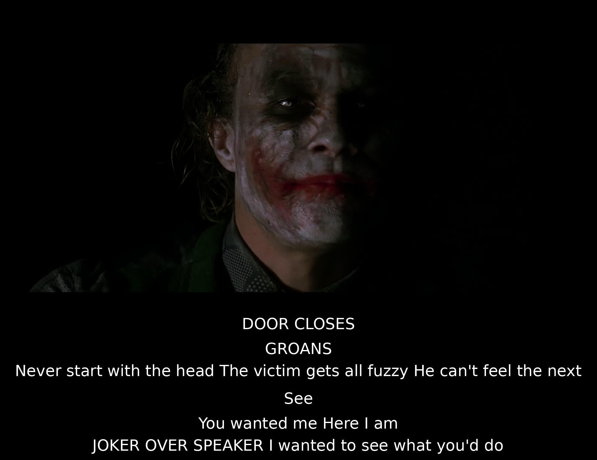 A man discusses avoiding head trauma for clear thinking. The Joker provokes him over a speaker, challenging his character.