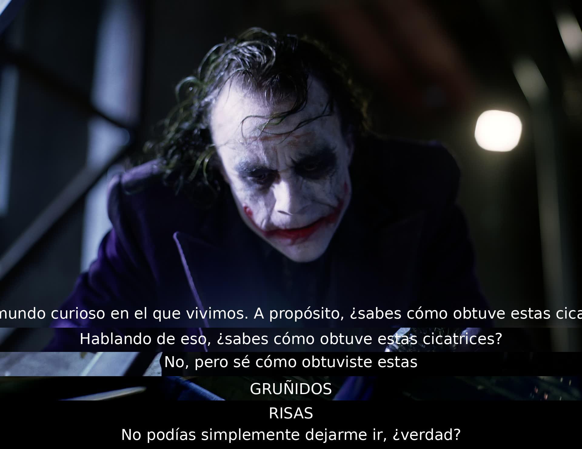 Dos personas discuten en tono sombrío y enigmático sobre cicatrices faciales. Uno de ellos menciona haberlas obtenido de una forma particular, mientras que el otro hace una referencia a su propia experiencia. La conversación termina de forma desconcertante con risas y gruñidos.