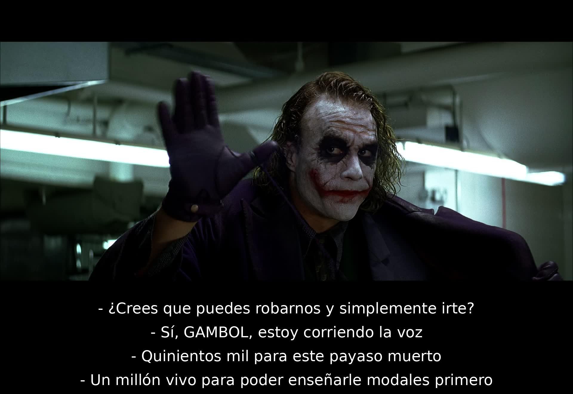 Un hombre desafía a Joker por robarle. Joker ofrece recompensas para su captura: $500k por su muerte y $1M por capturarlo vivo para enseñarle modales. La tensión aumenta entre ambos personajes en un intercambio lleno de amenazas y desafíos.