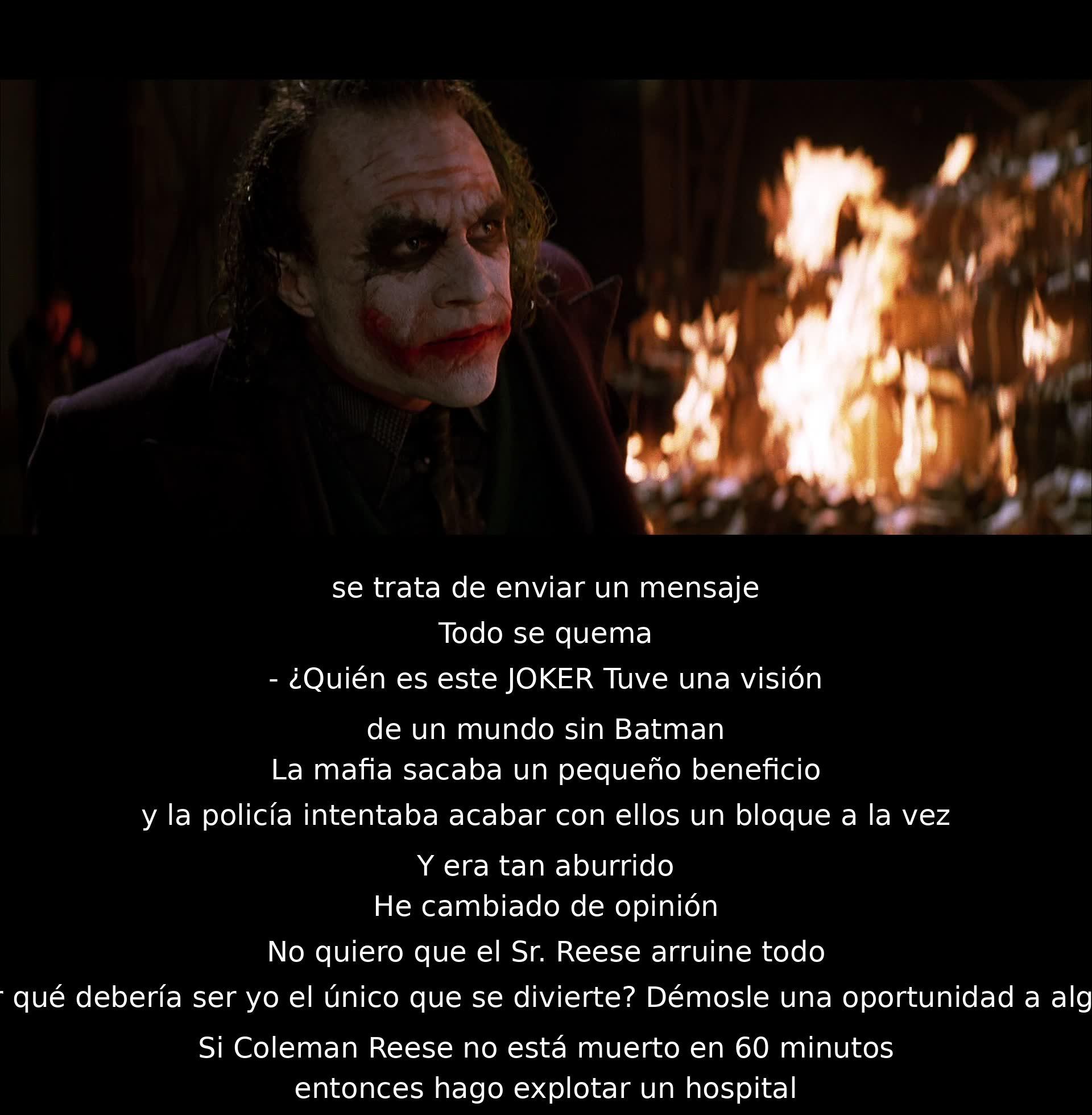 Se planea enviar un mensaje. El Joker considera un mundo sin Batman aburrido. Decide darle a alguien más la oportunidad de divertirse. Amenaza con explotar un hospital si un individuo no muere en 60 minutos.