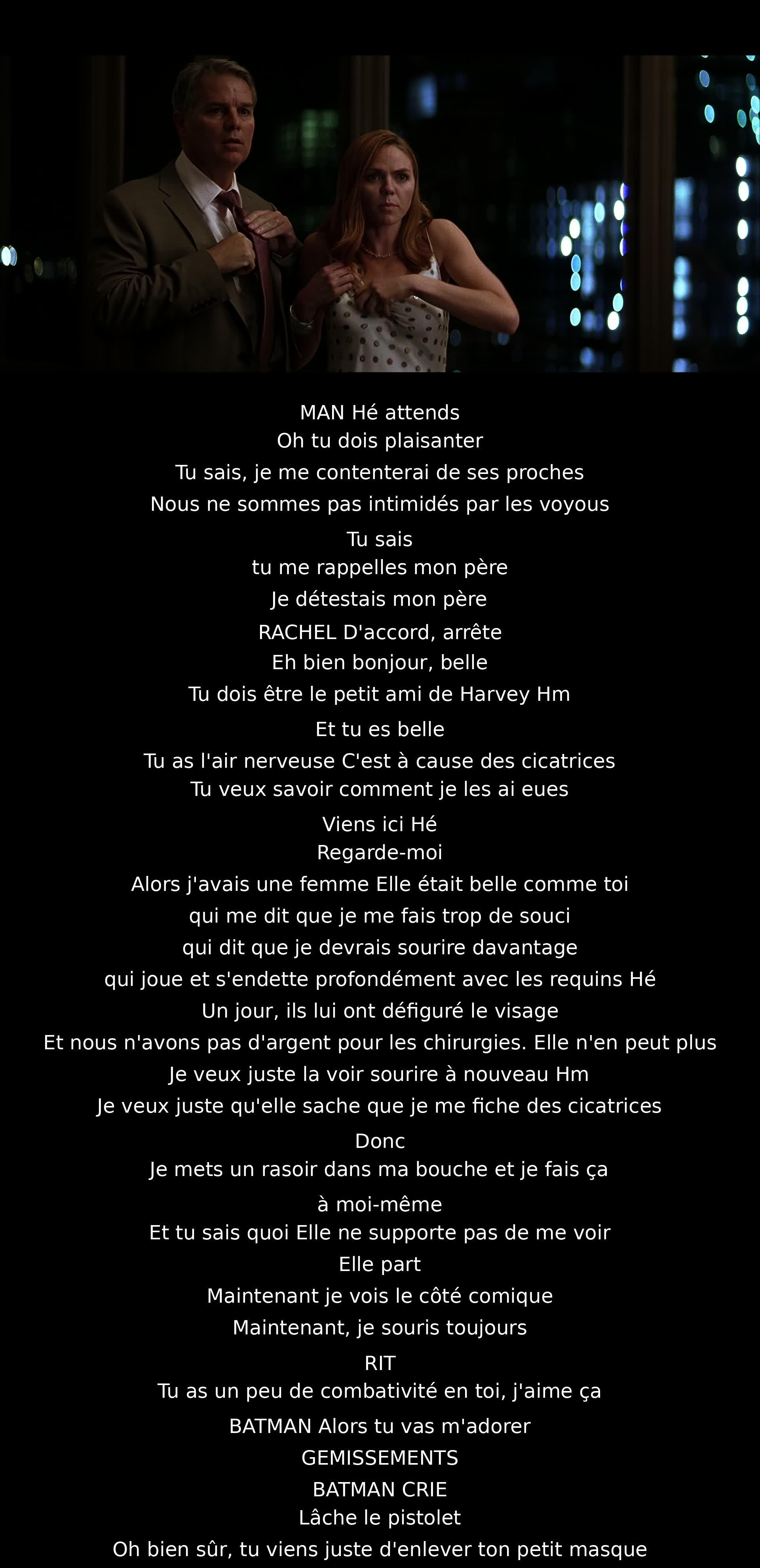 Un homme discute avec une femme et évoque ses cicatrices. Il raconte comment sa compagne a été défigurée par des requins, entraînant sa propre transformation. Révélant son sourire malgré tout, il est confronté par Batman, qui le force à abandonner son arme.