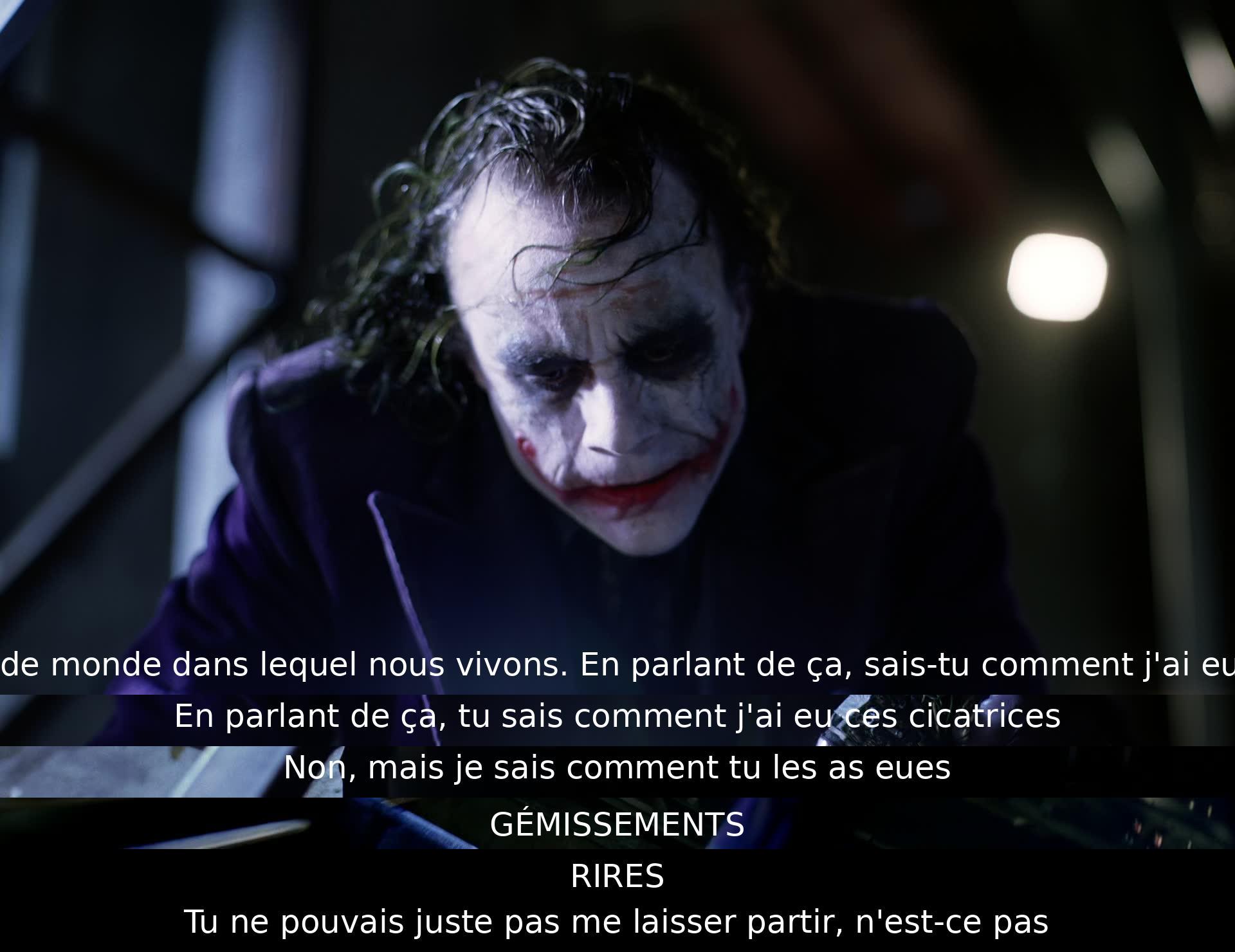 Il y a une conversation sur les cicatrices et le monde étrange dans lequel ils vivent. La personne demande comment l'autre a eu ses cicatrices, suscitant des réactions de rire et de moquerie.