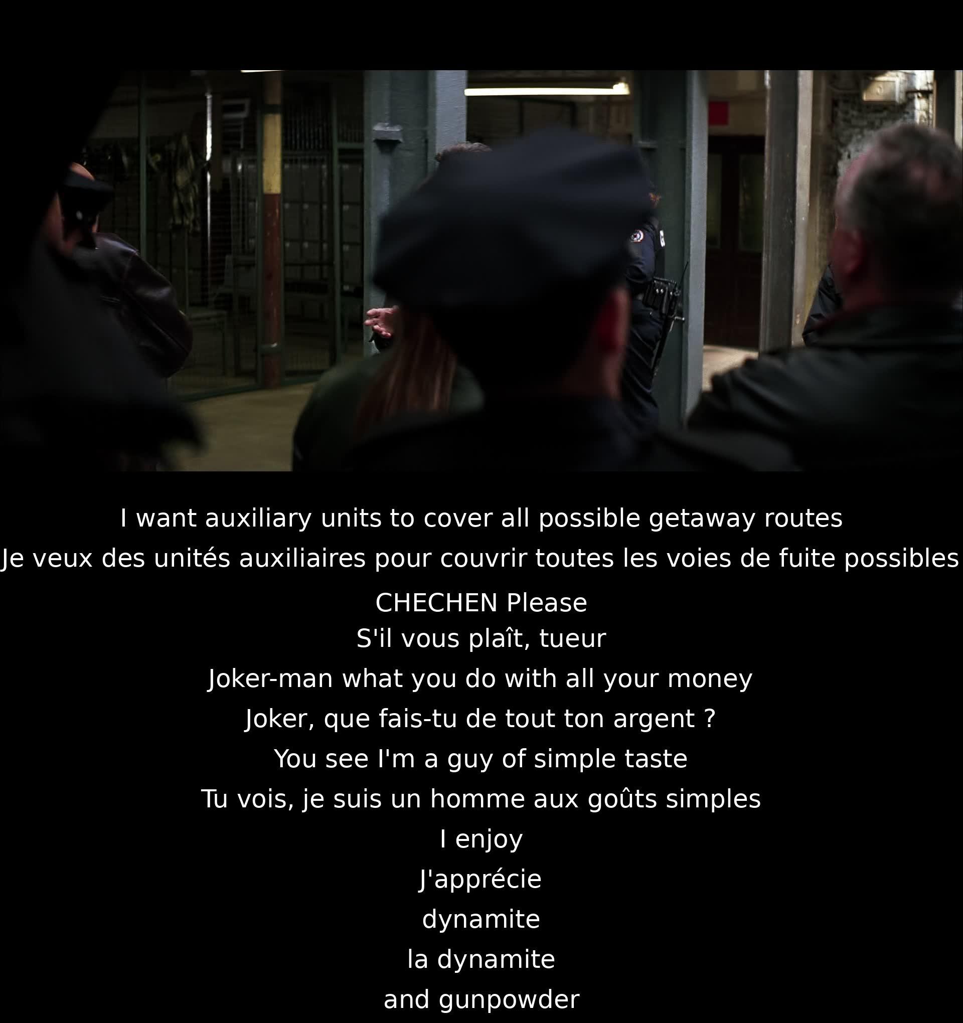 The character requests auxiliary units to secure getaway routes. Another character asks about the Joker's money management. The Joker describes his simple taste for dynamite and gunpowder.