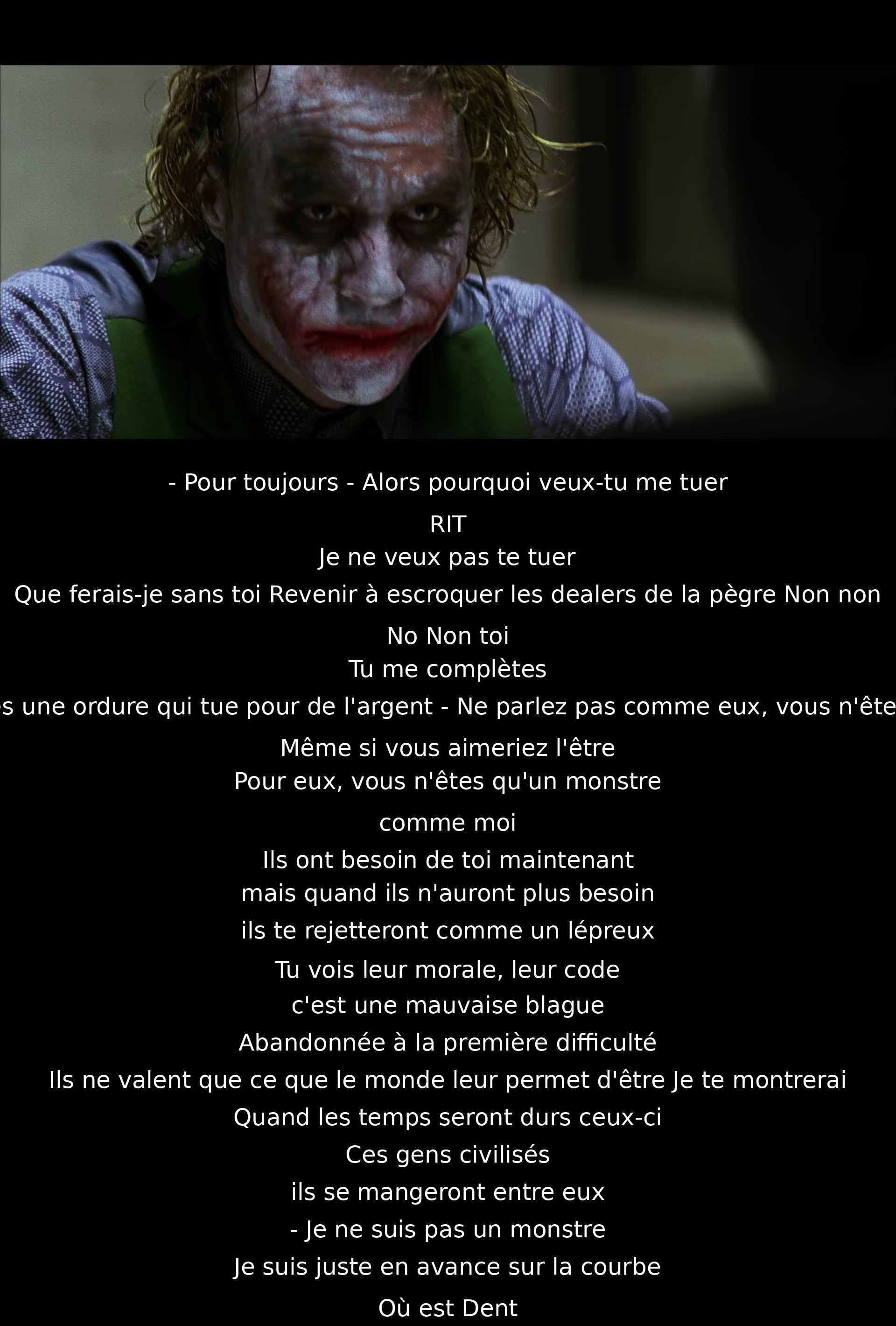 Une conversation intense se déroule entre deux personnages. L'un exprime son besoin pour l'autre tout en dénonçant l'hypocrisie de la société. Il affirme être en avance sur son temps, prévoyant une descente aux enfers des personnes dites civilisées.