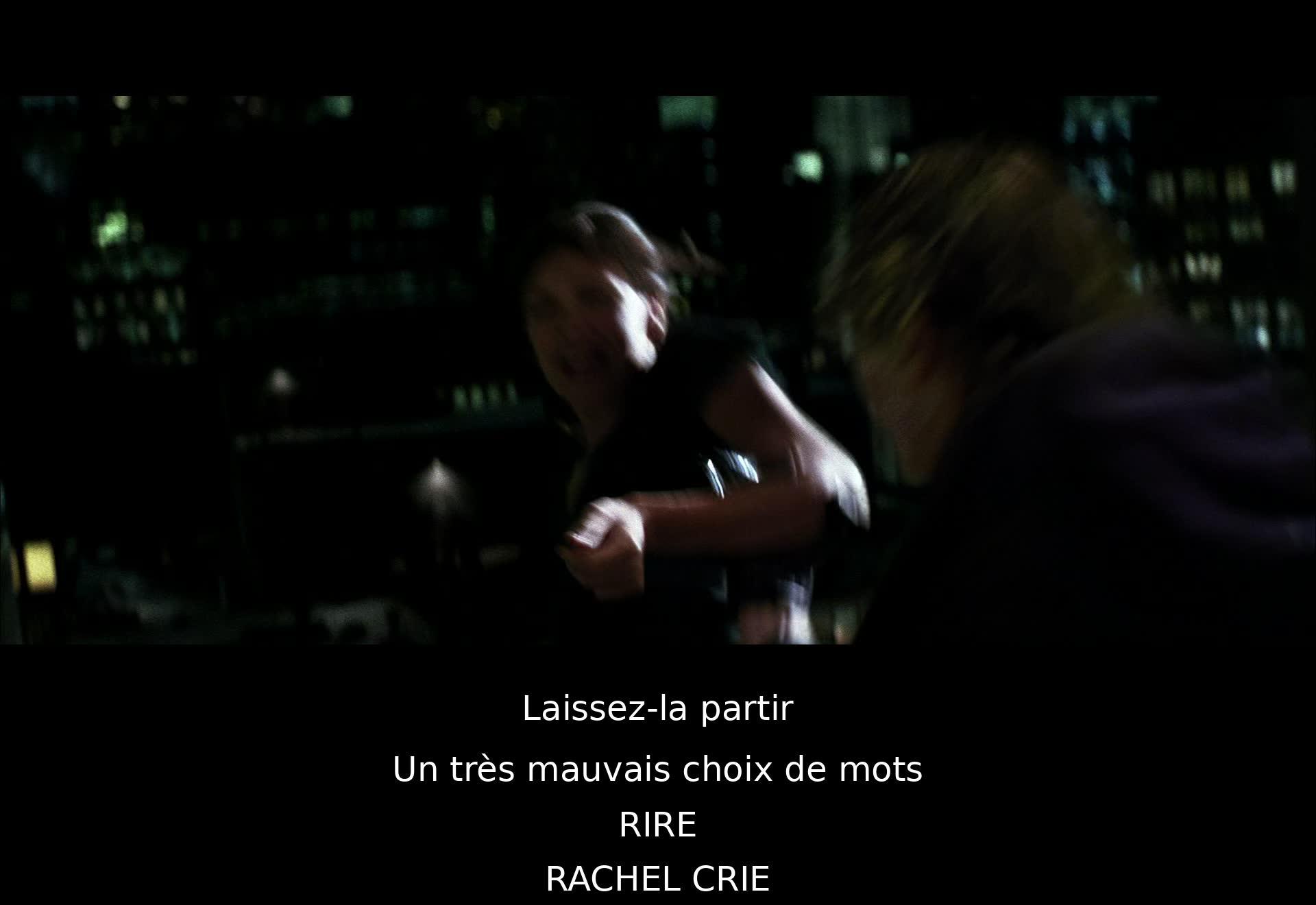 The dialogue involves a character urging another to let someone go, followed by a dismissive response, laughter, and a character named Rachel screaming.