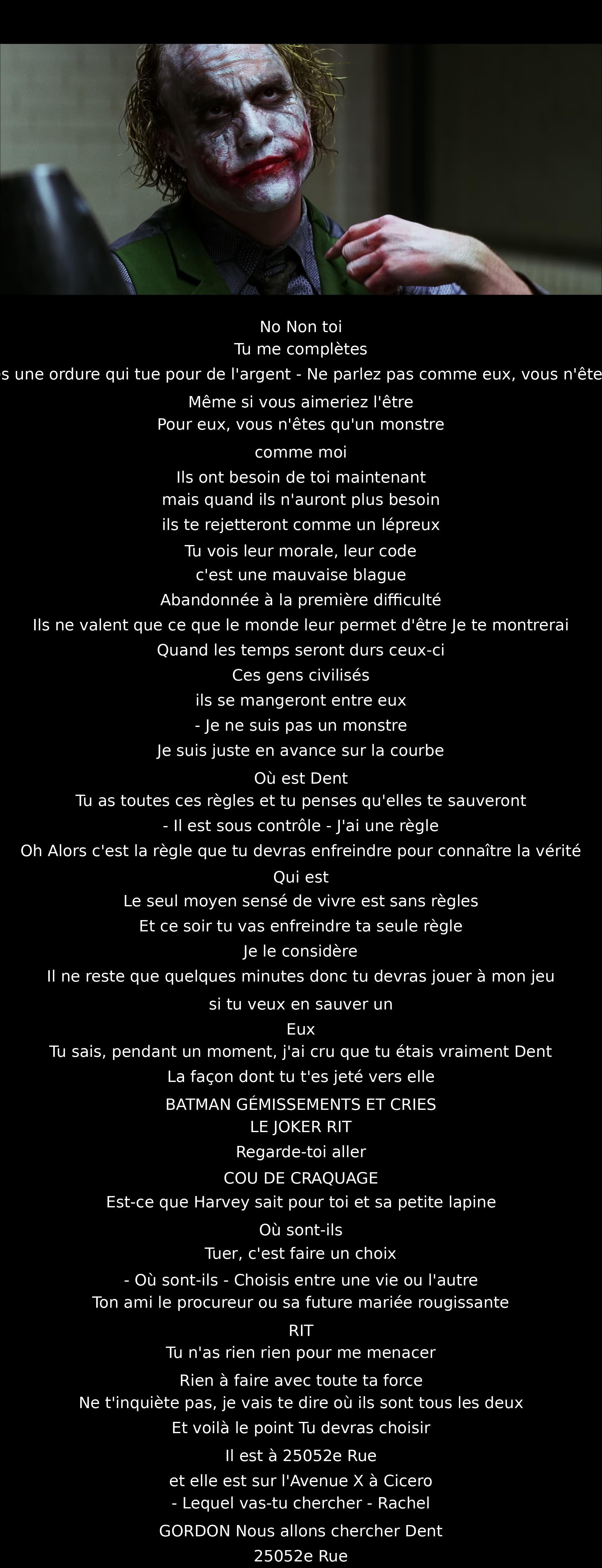 Un échange intense se produit entre deux personnages, mettant en lumière la dualité du bien et du mal. Le dialogue souligne la fragilité de la morale humaine et la nécessité de faire des choix difficiles. L'un des personnages doit prendre une décision cruciale pour sauver une personne aimée.