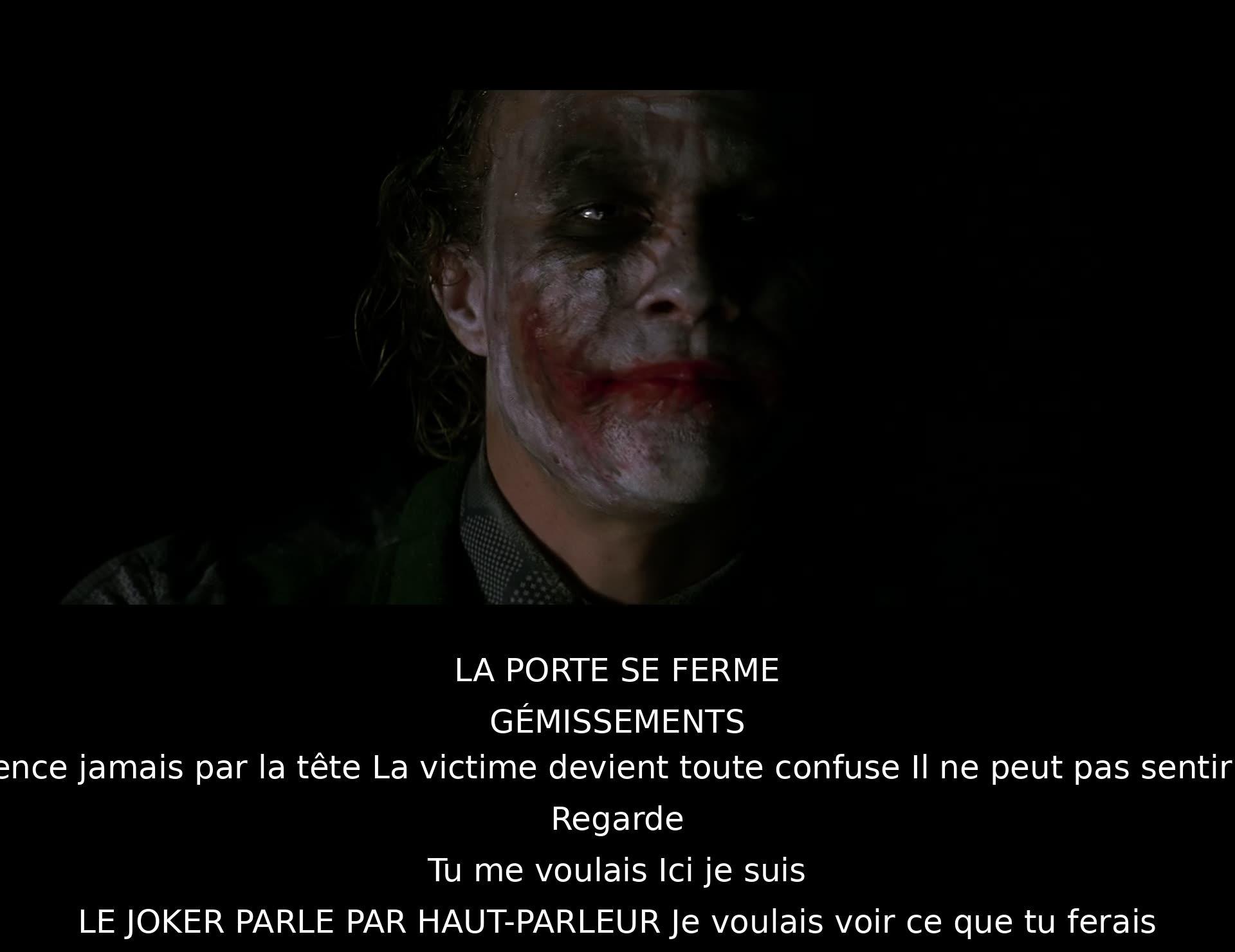 Le Joker parle à Batman par haut-parleur, expliquant sa démarche sadique. Il révèle qu'il teste le justicier en créant des situations où la tête de ses victimes n'est pas menacée en premier. Batman doit donc s'adapter à cette nouvelle approche de l'ennemi.