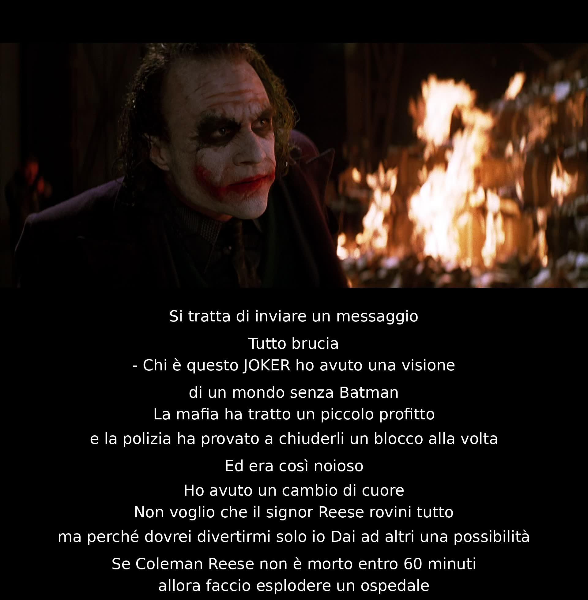 Un messaggio inquietante da parte del Joker: minaccia di far esplodere un ospedale se Coleman Reese non muore entro 60 minuti. Lui desidera un mondo senza Batman, dove la mafia prospera e la polizia è impotente. Decide di concedere a Reese una possibilità per divertimento personale.