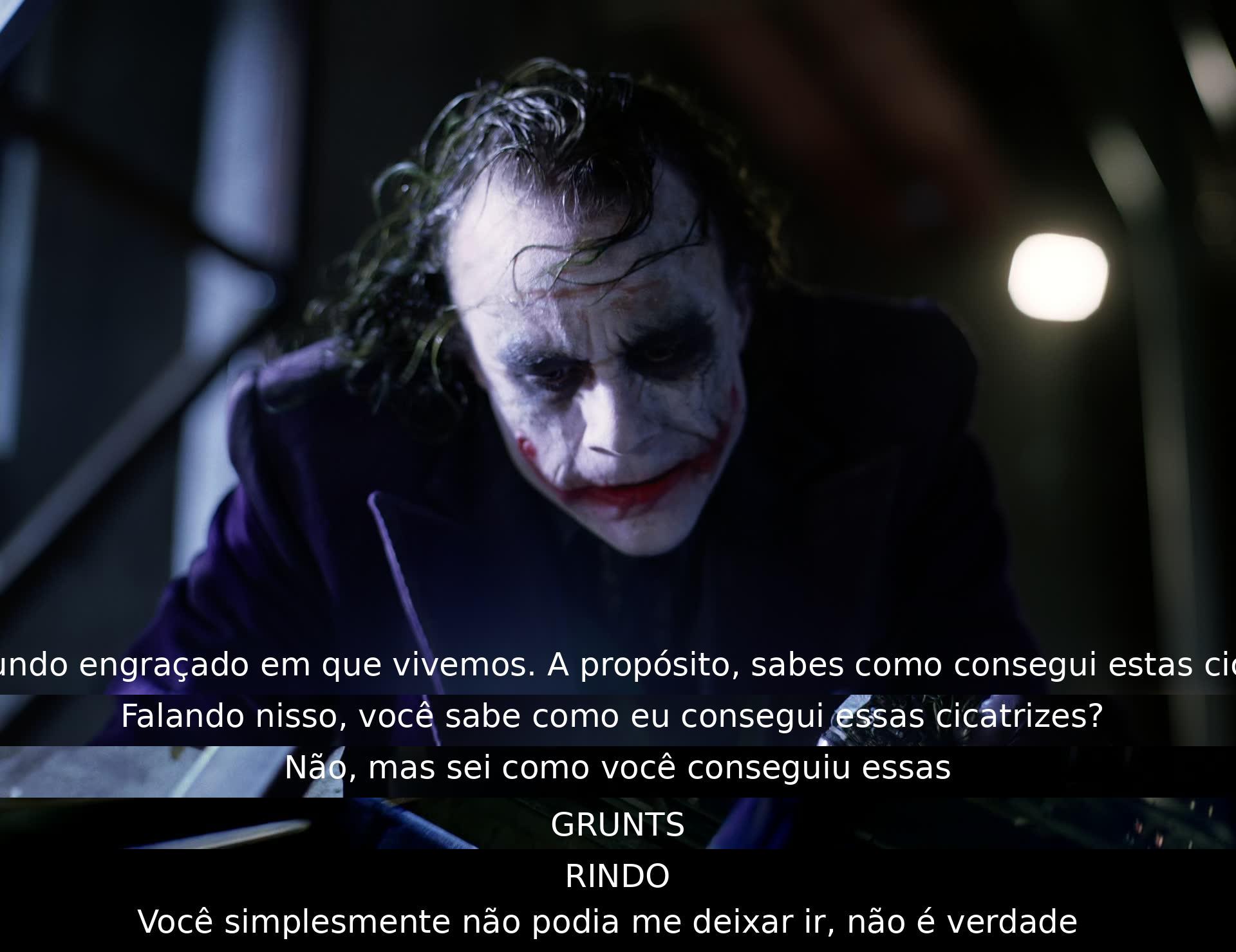 Os personagens refletem sobre o mundo em que vivem e mencionam cicatrizes sem revelar detalhes, criando suspense na cena.